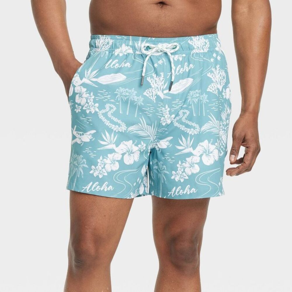 Goodfellow & Co Teal Aloha Print Swim Trunks